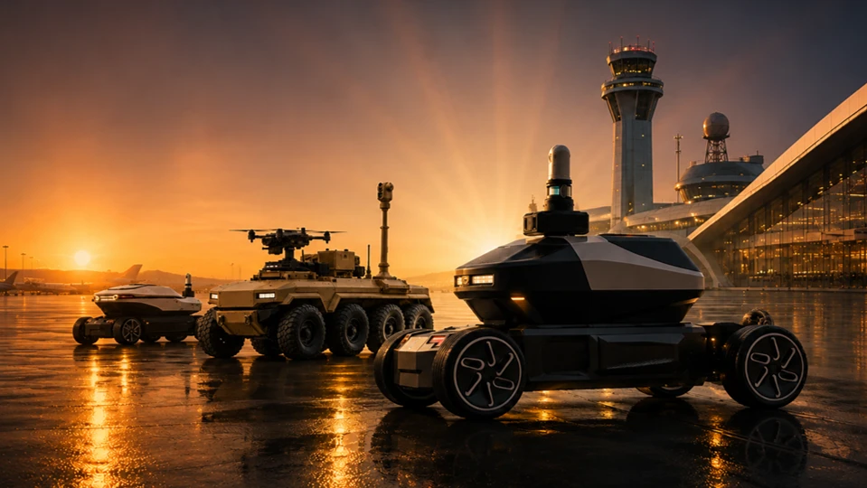 Autonomous ground platforms operating within an airport environment at sunset.